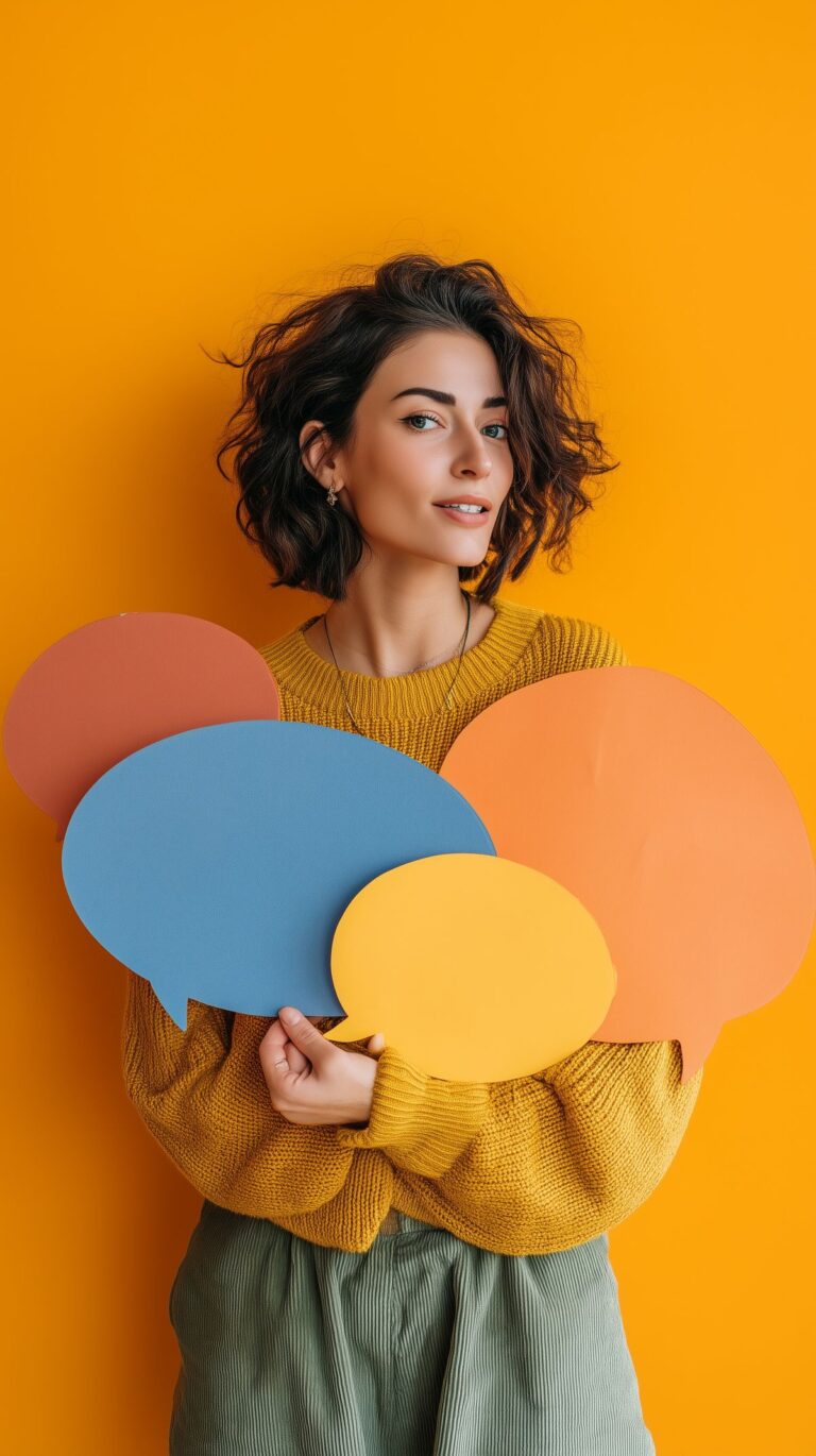 Вчителька тримає різнокольорові діалогові хмарки на жовтому фоні — символ цифрової комунікації з учнями. Ефективна цифрова взаємодія з учнями.