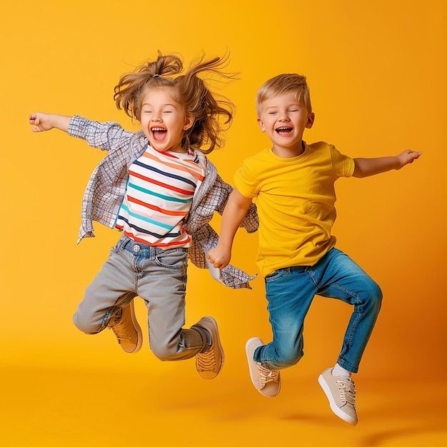 Двоє дітей стрибають на жовтому фоні — мотивація до дистанційного навчання у Ліцеї «НОВА».