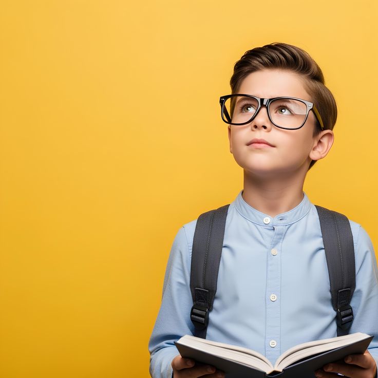 Інклюзивна освіта. Хлопчик у окулярах з книжкою в руках, символ інклюзивної освіти та сучасних підручників