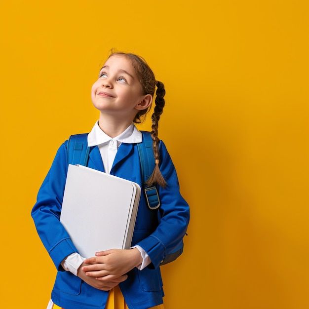 Дівчинка з ноутбуком на фоні, концепція платформи для дистанційного навчання