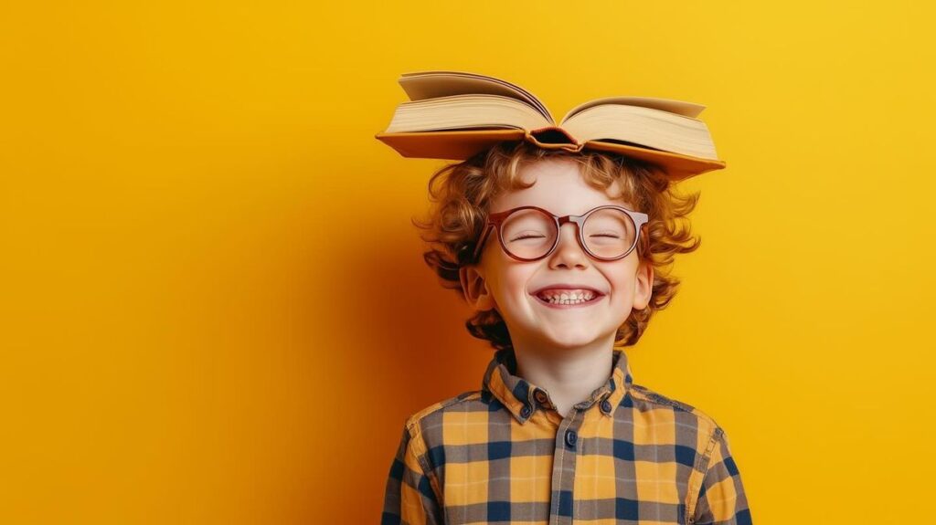Хлопчик у окулярах з книжкою на голові усміхається — креативність і навчання