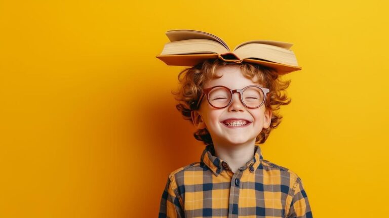Хлопчик у окулярах з книжкою на голові усміхається — креативність і навчання