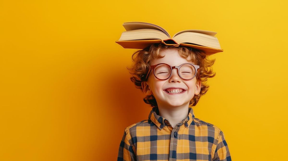 Хлопчик у окулярах з книжкою на голові усміхається — креативність і навчання